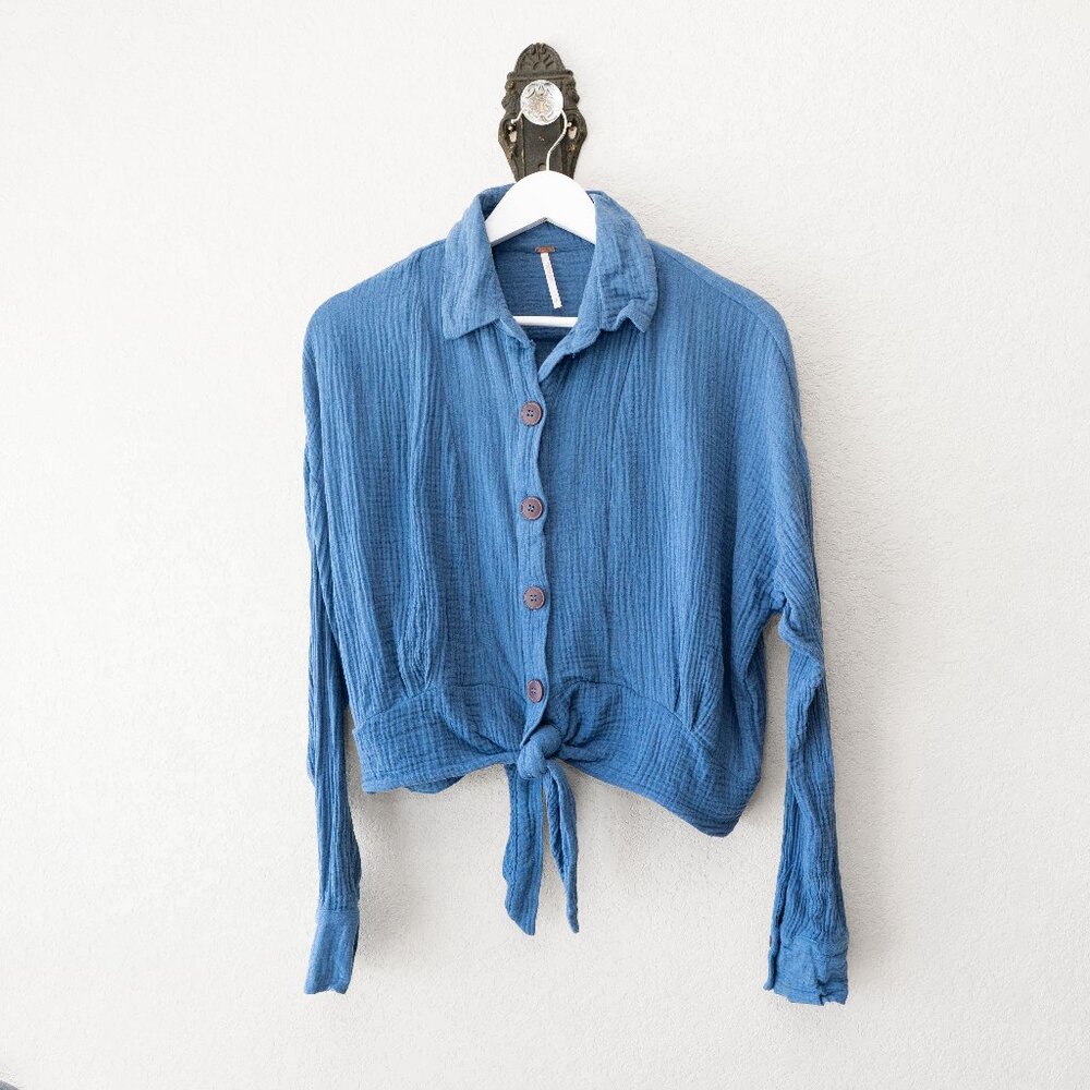 Free People Blue Gauze Tie Front Button Up Top Oversized Boho Cotton S